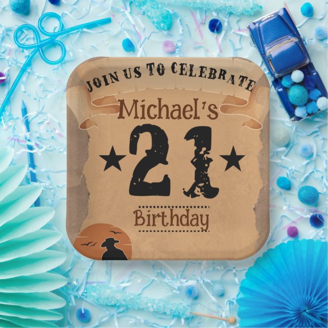21. Geburtstag Cowboy Wild West Old Paper Pappteller (Party)
