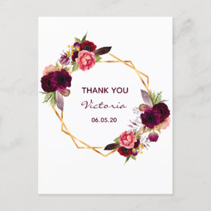 21. Geburtstag Danke burgunderrot floral weiß Postkarte