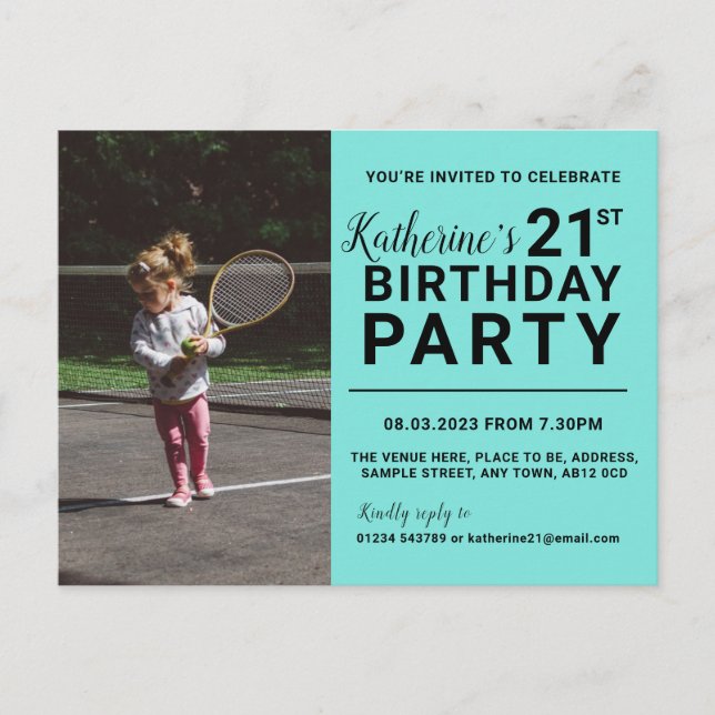 21. Geburtstag Einladung Foto-Karte Cyan Postkarte (Vorderseite)