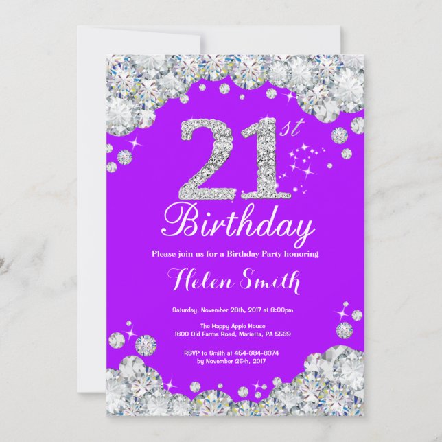 21. Geburtstag Einladung Lila und Silver Diamond (Vorderseite)