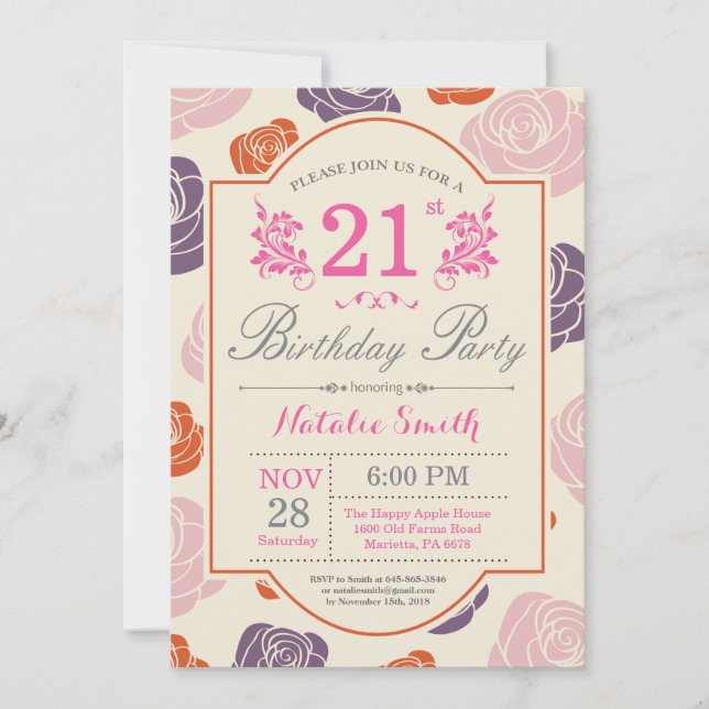 21. Geburtstag Einladung Rosa Rosen (Vorderseite)