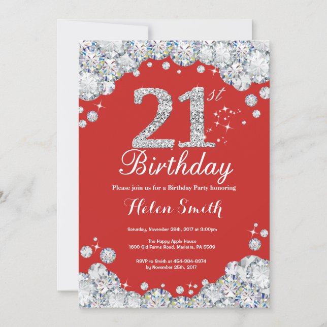 21. Geburtstag Einladung Rot und Silver Diamond (Vorderseite)