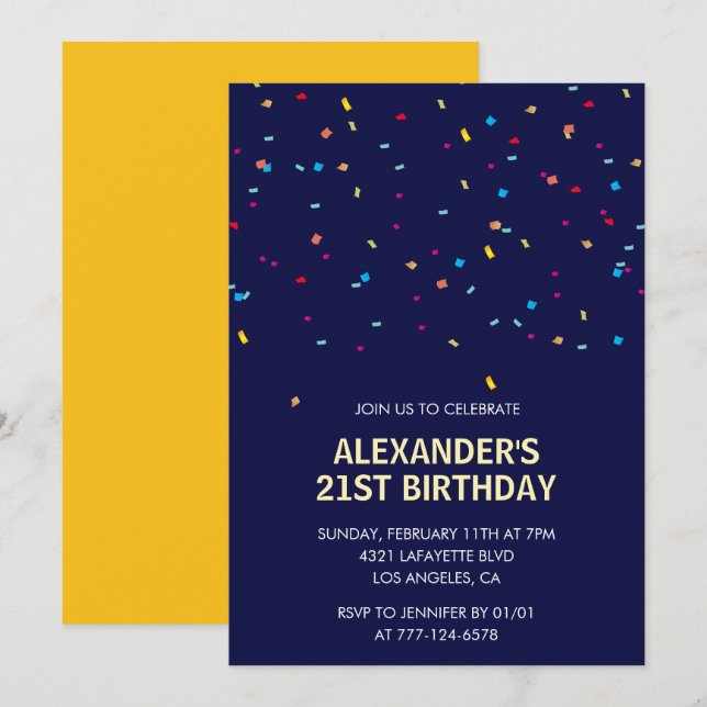 21. Geburtstag Einladungen Männer Confetti Moderne (Vorne/Hinten)