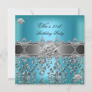 21. Geburtstag Elegant Aquamarin Blue Silver Flora Einladung