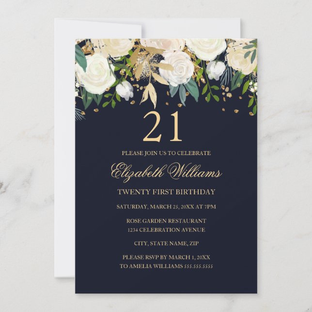 21. Geburtstag Elegant Navy Gold Floral Einladung (Vorderseite)