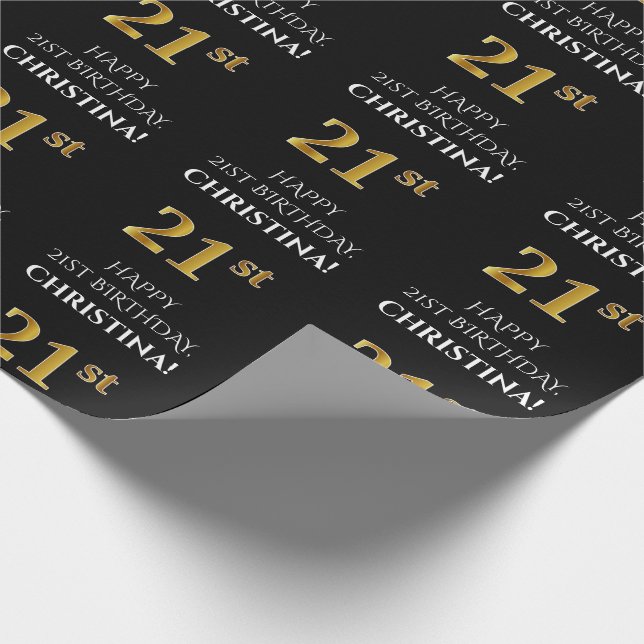 21. Geburtstag: Elegant, schwarz, Imitate Gold Loo Geschenkpapier (Ecke)