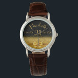 21. Geburtstag eleganter Goldbogen mit Bänder schw Armbanduhr<br><div class="desc">Elegant,  klassisch,  glamourös und feminin.  Ein goldfarbener Bogen und Bänder mit goldenem Glitzer und Funkeln,  ein bisschen Bling und Luxus für einen 21. Geburtstag.  Schwarzer Hintergrund Vorlagen für ihren Namen,  Alter 21,  Geburtsdatum und Jahrestag. Jubiläumsgeschenk</div>