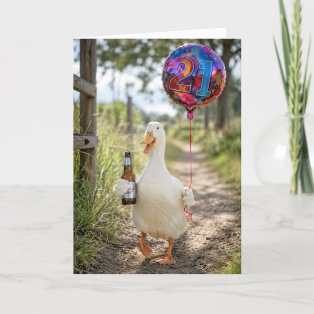 21. Geburtstag Ente mit einem Bier Karte (Vorderseite)