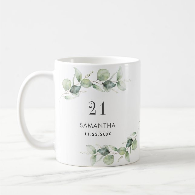 21. Geburtstag Eukalyptus Greenery Monogram Kaffeetasse (Links)