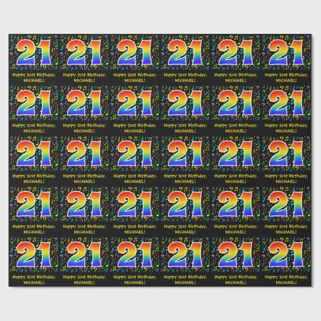 21. Geburtstag: Farbige Musiksymbole, Regenbogen 2 Geschenkpapier (Flach)