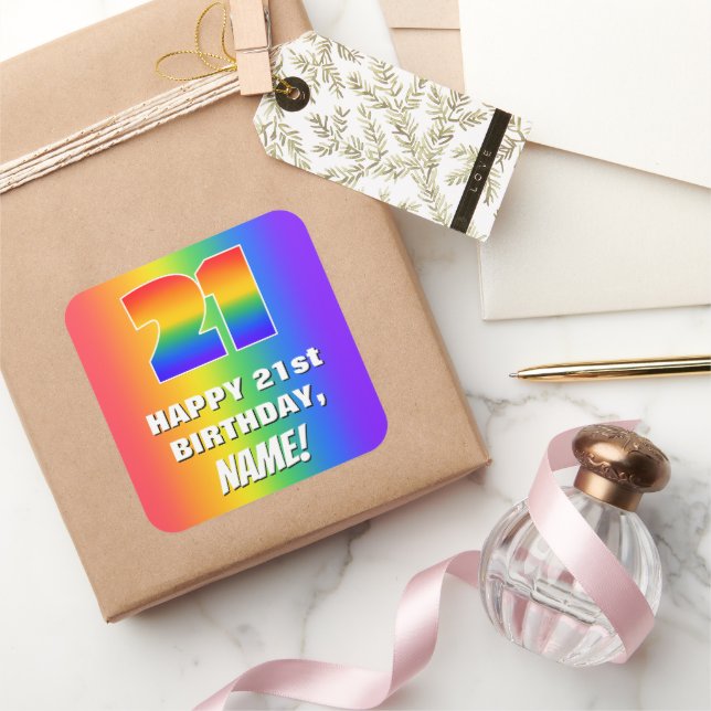 21. Geburtstag: Farbiges, lustiges Regenbogenmuste Quadratischer Aufkleber (Schenken)