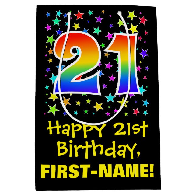 21. Geburtstag: Farbiges Sternenmuster & Regenboge Mittlere Geschenktüte (Vorderseite)