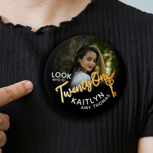 21. Geburtstag Foto Goldfarbe und Schwarz Button