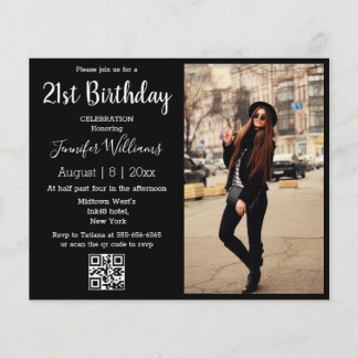 21. Geburtstag Foto qr Code schwarze Einladung