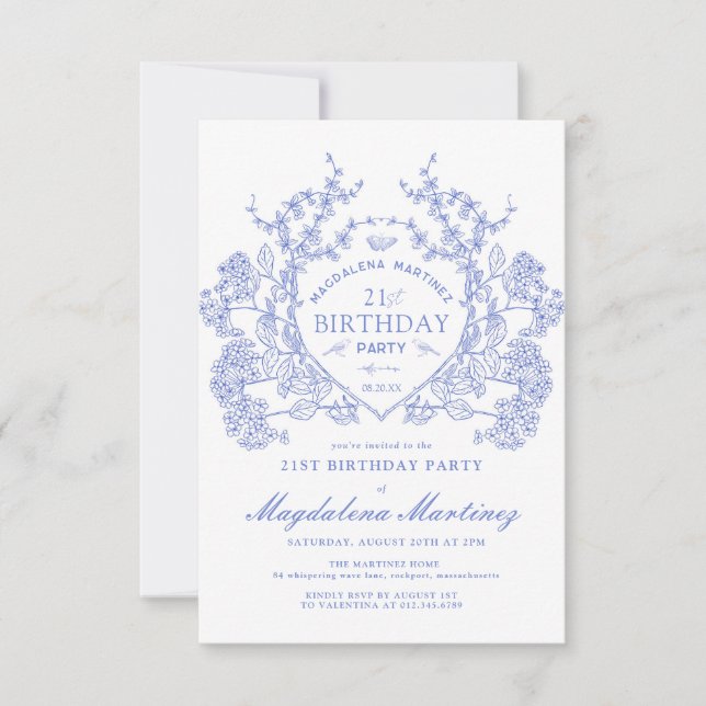 21. Geburtstag Französisches Vintages blaues Wappe Einladung (Vorderseite)