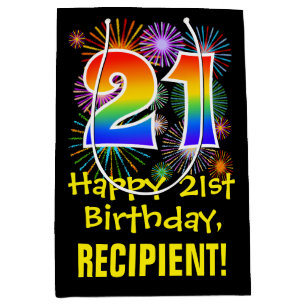 21. Geburtstag: Fun Fireworks Pattern + Regenbogen Mittlere Geschenktüte