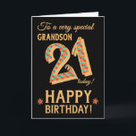 21. Geburtstag, für Grandson, Gold Effect on Black Karte<br><div class="desc">Eine schicke 21. Geburtstagskarte für einen ganz besonderen Grandson, mit der Zahl, 21, in einem hellen Mosaikmuster mit einer Gold-Effekt-Kontur und dem ganzen Text in Goldeffektschrift (dh nicht Metallfarbe). Neben dem "Happy Birthday" steht ein heller roter und goldener Stern auf diesem beeindruckenden digitalen Design von Judy Adamson. Die innere Botschaft,...</div>