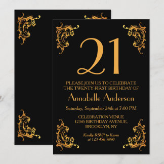 21. Geburtstag Glam Modern Gold Black Vintag Retro Einladung