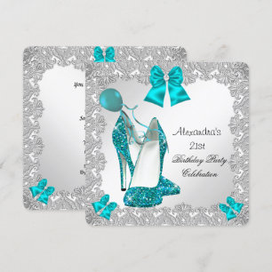 21. Geburtstag Glitter Türkis Blau High Heel Silbe Einladung