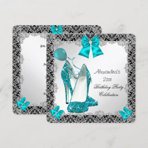 21. Geburtstag Glitter Türkis Blau High Heel Silbe Einladung