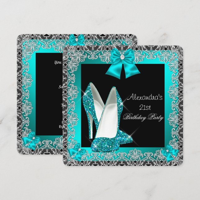 21. Geburtstag Glitzer Aquamarin Blue High Heel Sh Einladung (Vorne/Hinten)