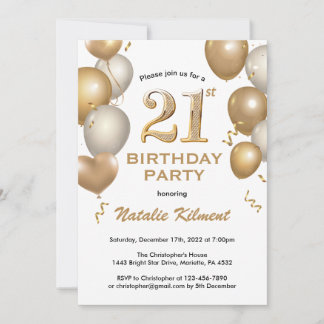 21. Geburtstag Glitzer Balloons aus Weiß und Gold Einladung