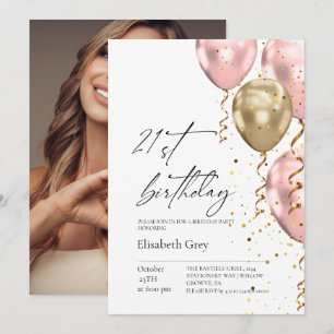21. Geburtstag Gold Blush Pink Ballons Modern Einladung