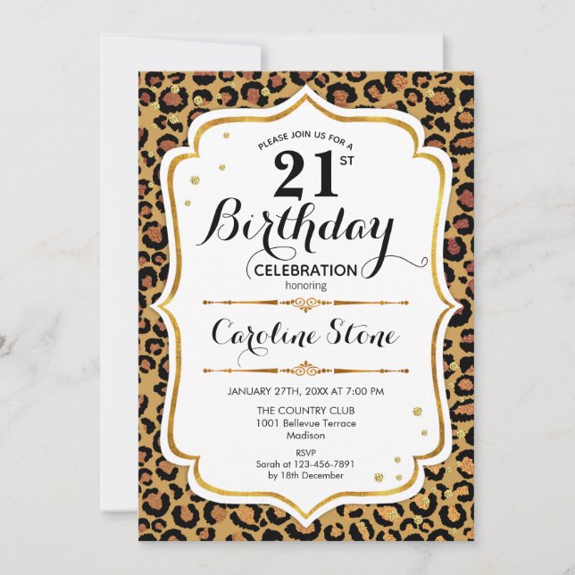 21. Geburtstag - Gold Leopard Print Einladung (Vorderseite)