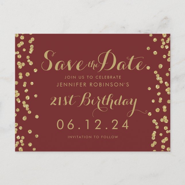 21. Geburtstag Goldburgunders retten DatumConfetti Ankündigungspostkarte (Vorderseite)