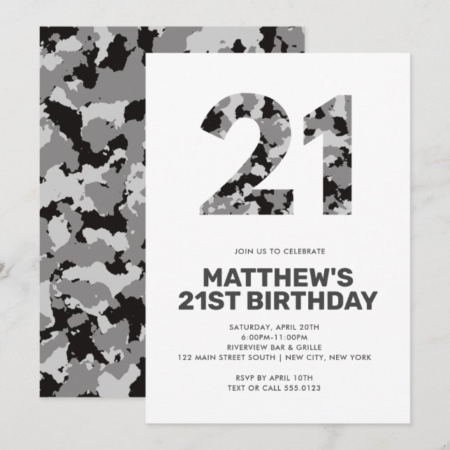 21. Geburtstag, Graue Camouflage Personalisiert Einladung (Vorne/Hinten)