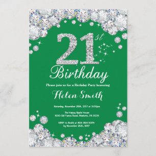 21. Geburtstag Grün und Silver Diamond Einladung