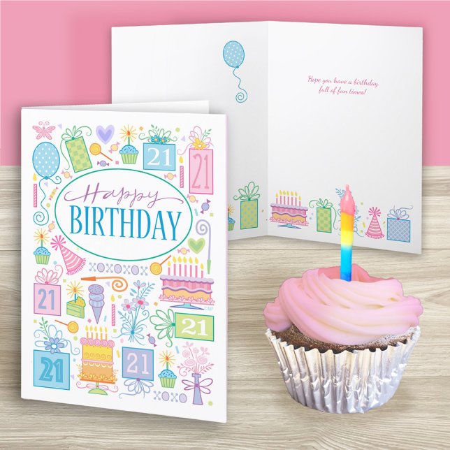 21. Geburtstag Helle Pastel Icons Card Karte (Von Creator hochgeladen)