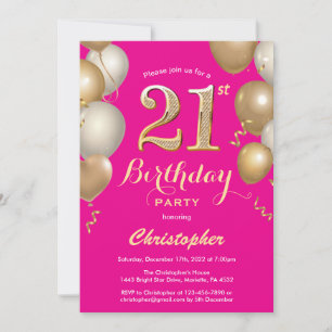 21. Geburtstag Hot Pink und Gold Balloons Confetti Einladung