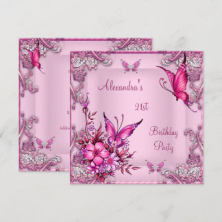 21. Geburtstag Hübsch Pink Floral Butterfly Silver Einladung