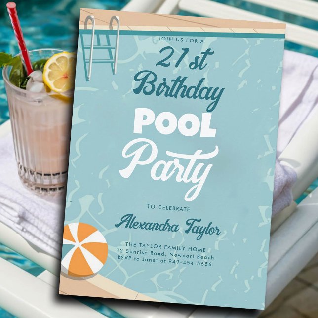 21. Geburtstag Ideen Sommerpool Party Aquamarines  Einladung (21st birthday party ideas summer pool party backyard outdoors invitations templates personalized)