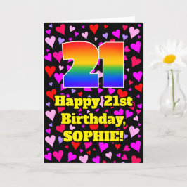 21. Geburtstag: Liebesherzen Muster, Regenbogen # Karte