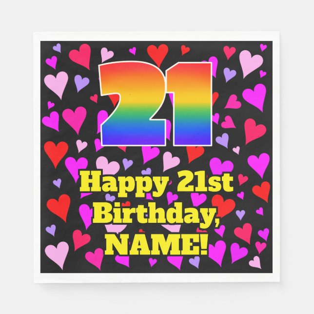 21. Geburtstag: Liebesherzen Muster, Regenbogen #  Serviette (Vorderseite)