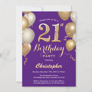 21. Geburtstag Lila und Gold Balloons Confetti Einladung