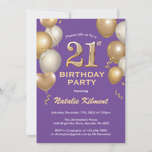 21. Geburtstag Lila und Gold Glitzer Ballons Einladung