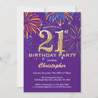 21. Geburtstag Lila und Gold Rainbow Fireworks Einladung