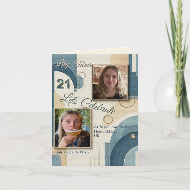 21. Geburtstag Mandelblüte blau-creme Ankündigung (Vorderseite)