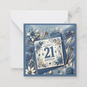 21. Geburtstag Mandelblüte blau-creme Mitteilungskarte