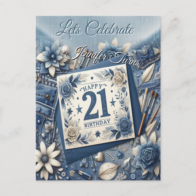 21. Geburtstag Mandelblüte blau-creme Postkarte (Vorderseite)