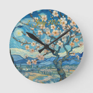 21. Geburtstag Mandelblüte blau-creme Runde Wanduhr