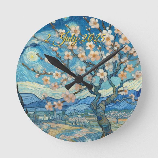 21. Geburtstag Mandelblüte blau-creme Runde Wanduhr (Vorderseite)