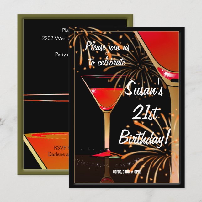 21. Geburtstag Martini Cocktail Party Einladung (Vorne/Hinten)