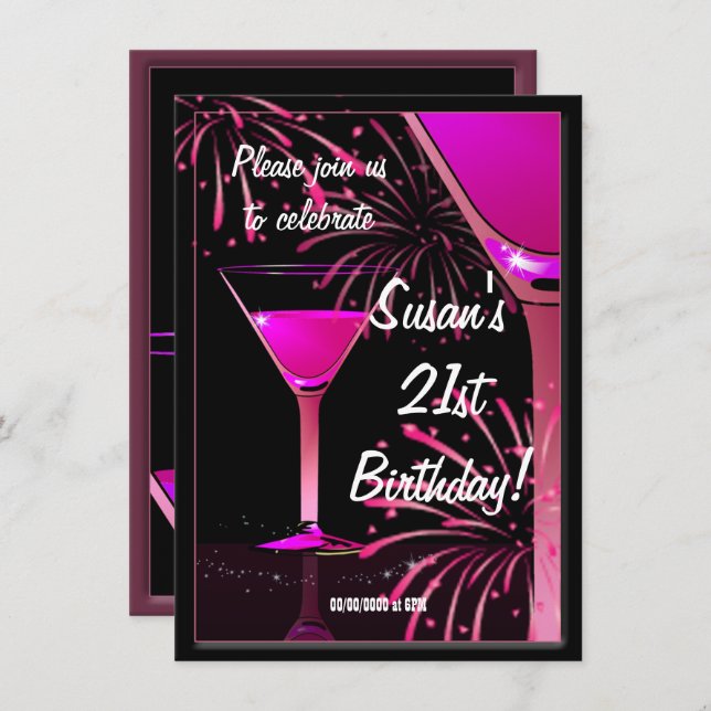 21. Geburtstag Martini Cocktail Pink Party Einladung (Vorne/Hinten)