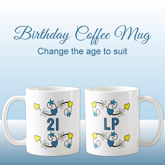 21. Geburtstag Meilenstein-Age Initialen blau gelb Kaffeetasse (Von Creator hochgeladen)