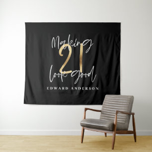 21. Geburtstag modern schwarzes und goldenes stilv Wandteppich