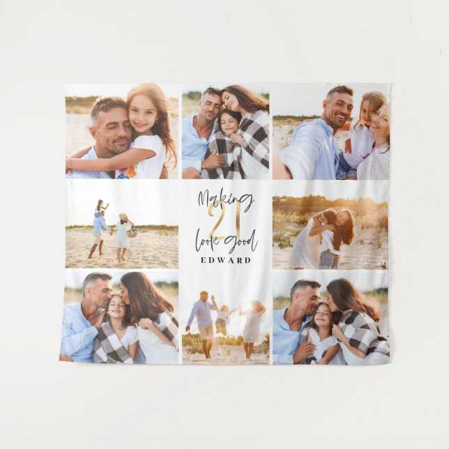 21. Geburtstag moderne Schwarz-Gold-Foto-Collage Wandteppich (Vorderseite (Horizontal))